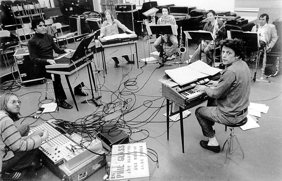 Phillip glass ensamble playing electronic instruments
